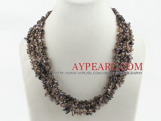 17,7 Zoll Multi-Strang fein rauchigen quartze Halskette mit Perle Spange geschnitzt