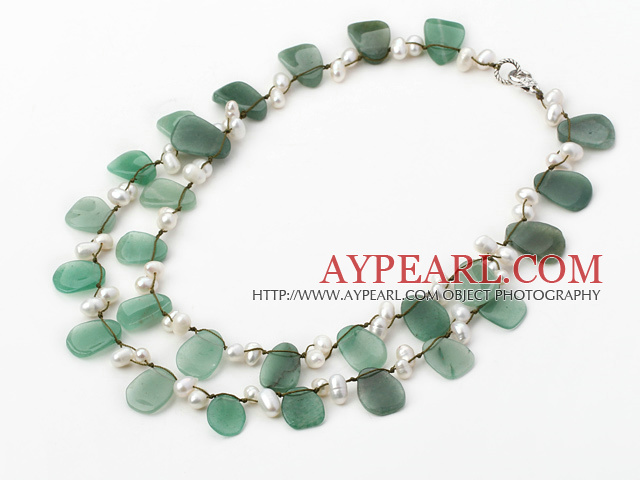 beautiful double strand white pearl and aventurine necklace
