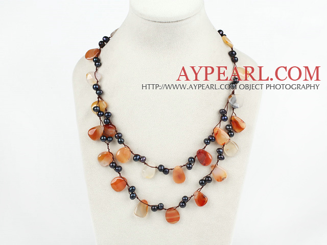 handmade double strand pearl and agate necklace with lobster clasp
