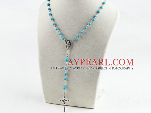 31,5 pouces perles de prière, 6-8mm bleu turquoise Collier à billes rosaire avec croix