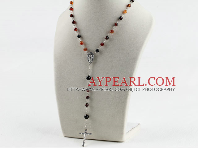 31.5 inches prayer beads, 6-8mm agate necklace rosary with cross