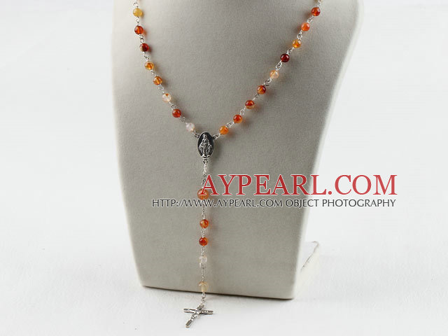 31.5 inches prayer beads, 6-8mm natural color agate necklace rosary with cross