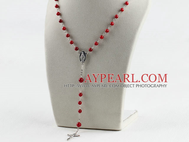 31.5 inches prayer beads, 6-8mm red coral ball necklace rosary with cross