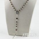 31,5 inches bønn perler, 6-8mm røykfylt quartze halsbånd rosenkrans med kryss