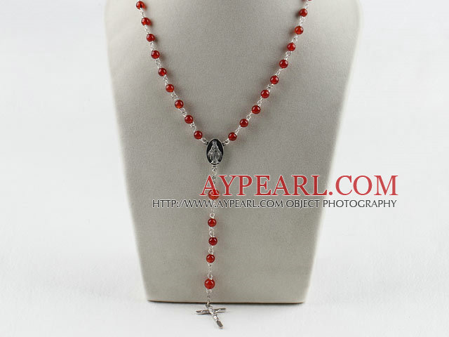 31.5 inches prayer beads, 6-8mm red agate ball necklace rosary with cross
