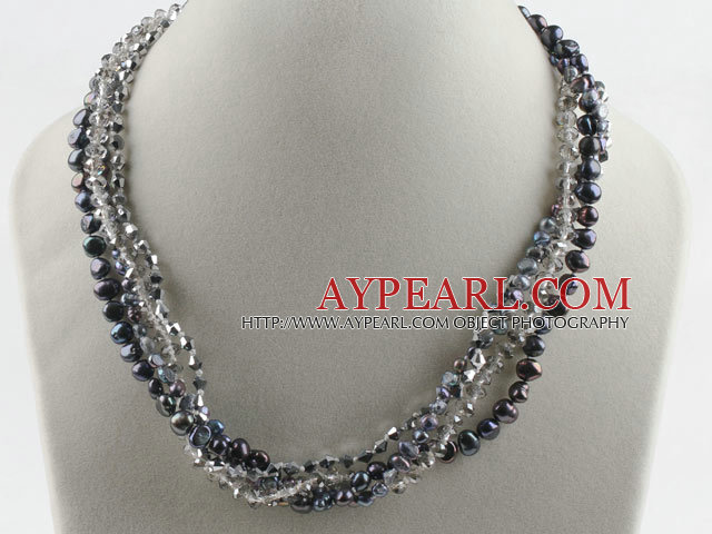 17.7 inches multi strand black pearl and gray crystal necklace with magnetic clasp