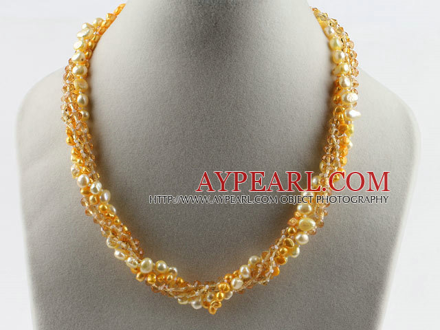 17.7 inches multi strand yellow pearl and crystal necklace with magnetic clasp