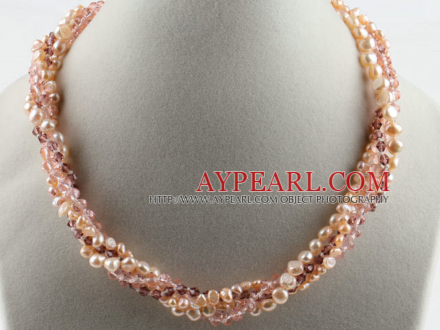 17.7 inches multi strand pink pearl and crystal necklace with magnetic clasp