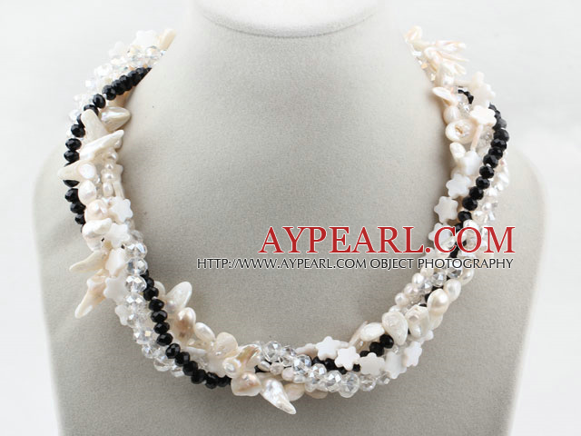 White Pearl dents d'eau douce de forme et Crystal Clear et noir et collier de fleur blanche Shell