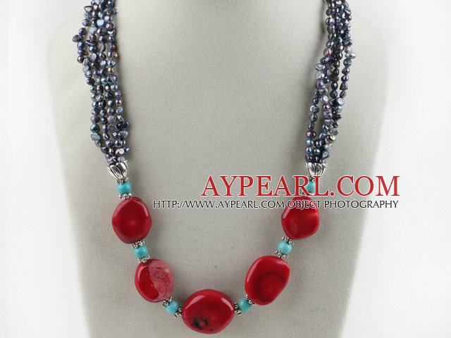 19.7 inchi modă perla roşu coral şi turcoaz colier