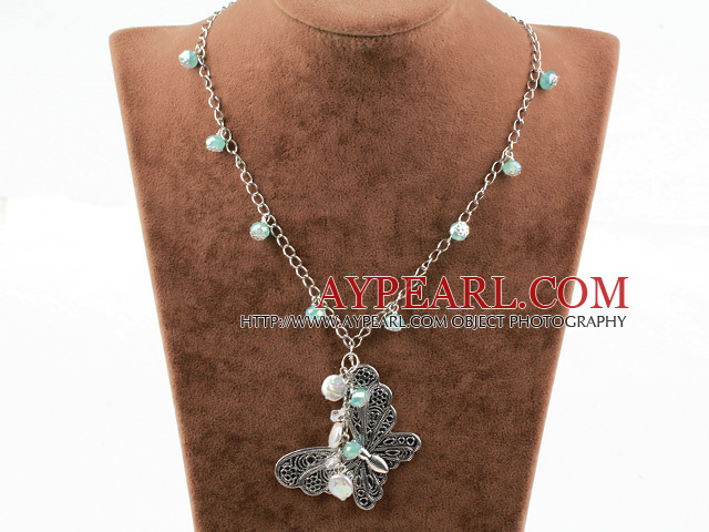 New Design White Coin Pearl and Crystal and Butterfly Metal Pendant Necklace