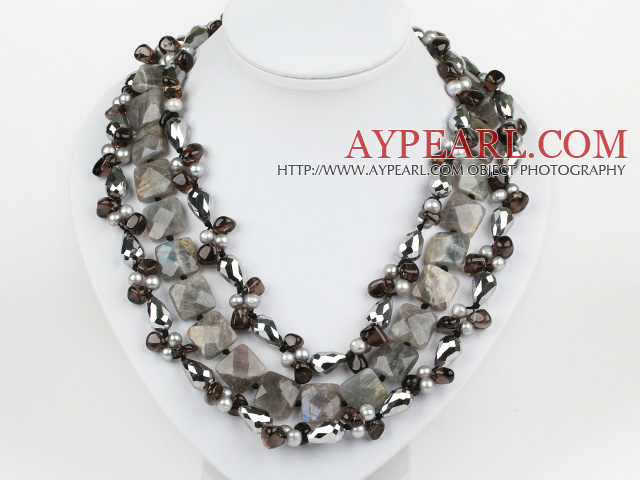 Multi Strand Pearl and Smoky Quartz and Flashing Stone Necklace