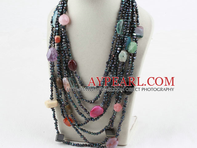 Mulit Strand Black Freshwater Pearl and Multi Stone Necklace