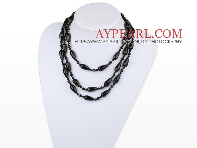 Long style round and drop shape black agate necklace