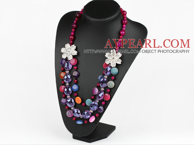 Multi Layer Pink Agate and Colorful Crystal Necklace