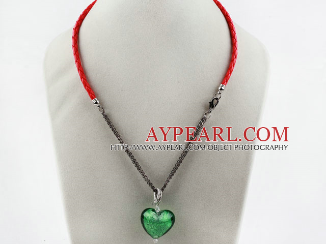 New Design Heart Shape Green Colored Glaze Pendant with Red Cord