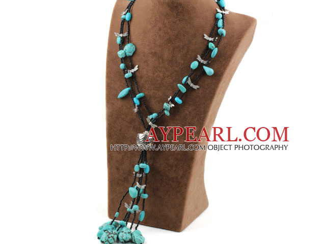 Assorted Turquoise Y Shape Necklace with Black Glass Beads