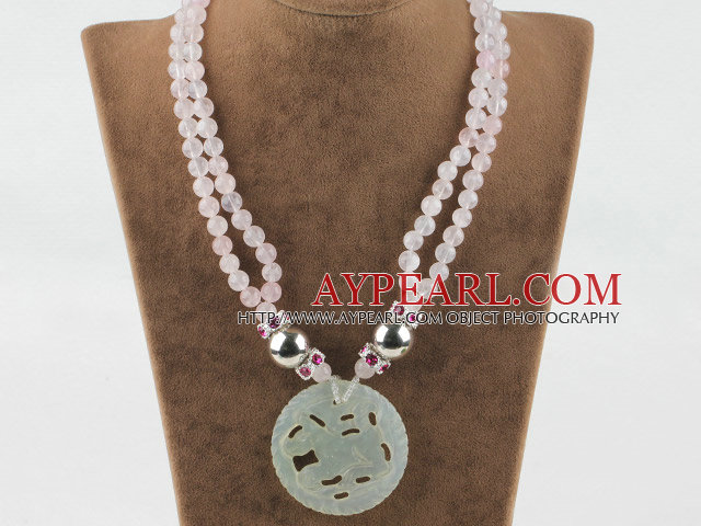 double strand rose quartze necklace with jade pendant