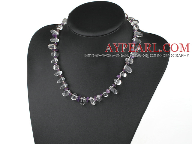 Fashion Chipped Amethyst And Clear Crystal Beaded Strand Necklace With Lobster Clasp