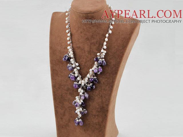 17.5 inches white pearl and amethyst necklace with lobster clasp