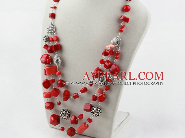 Blandade Multi Layer Red Coral Halsband med Karbinlås