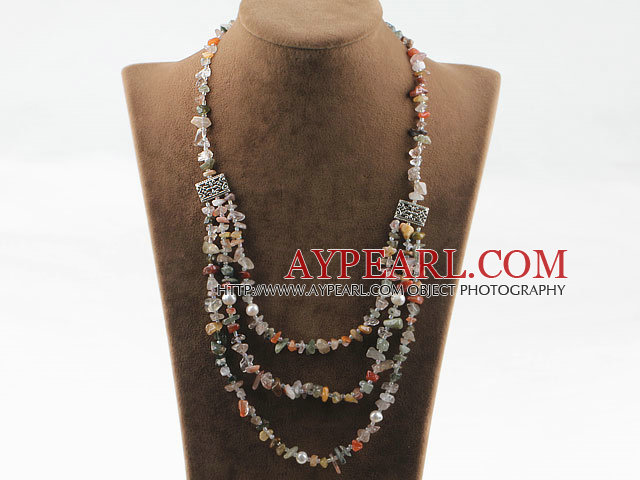 Three layer multi color rutilated quartz and white pearl necklace