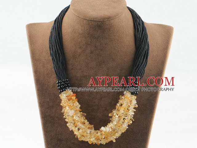 Fashion Bold Style Citrine Chipped Necklace With Multi Black Threads