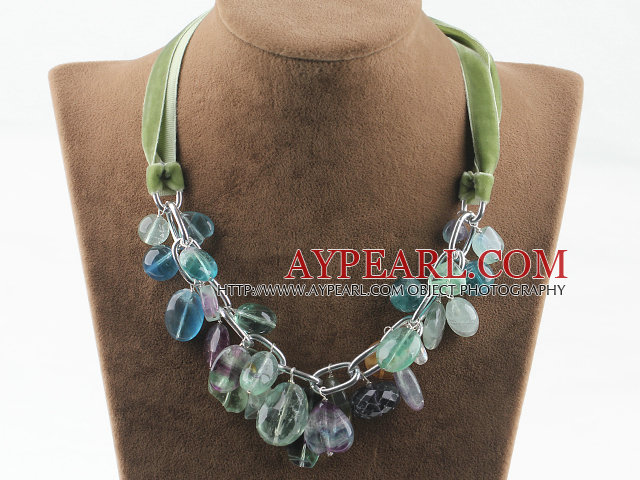 Single strand rainbow fluorite necklace with green ribbon