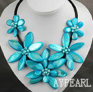 Lake Blue Color Freshwater Pearl and Shell Flower Necklace with Leather Cord