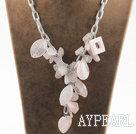 Y shape assorted multi shape rose quartz necklace with bold metal chain