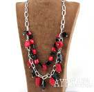 Double layer red coral and black agate necklace with metal chain
