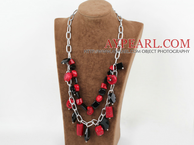 Double couche de corail rouge et noir collier agate avec chaîne en métal