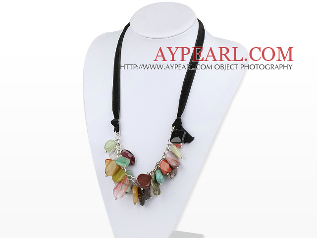 Y shape assorted multi gemstone and crystal and turquoise necklace with black ribbon