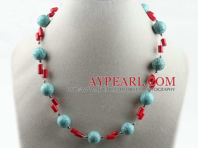 Single strand assorted turquoise and red coral necklace with lobster clasp