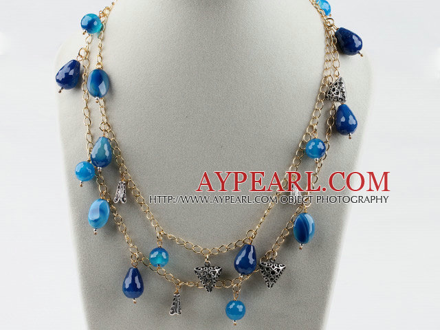 Double strand assorted multi shape blue agate necklace with golden color chain