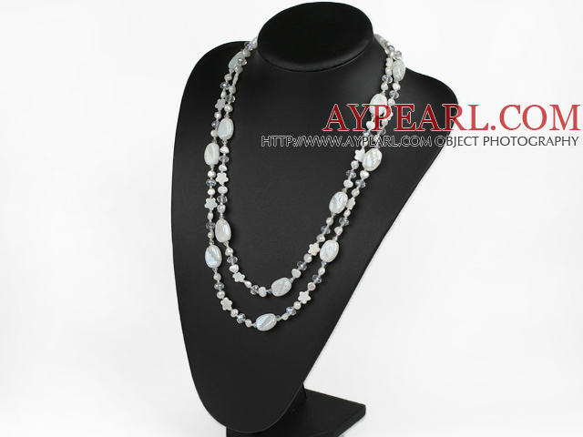 Long style white freshwater pearl crystal and white colored glaze necklace