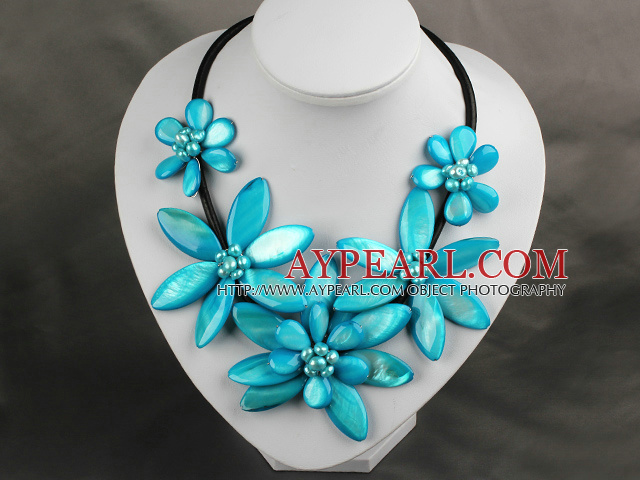 Lake Blue Color Freshwater Pearl and Shell Flower Necklace with Leather Cord