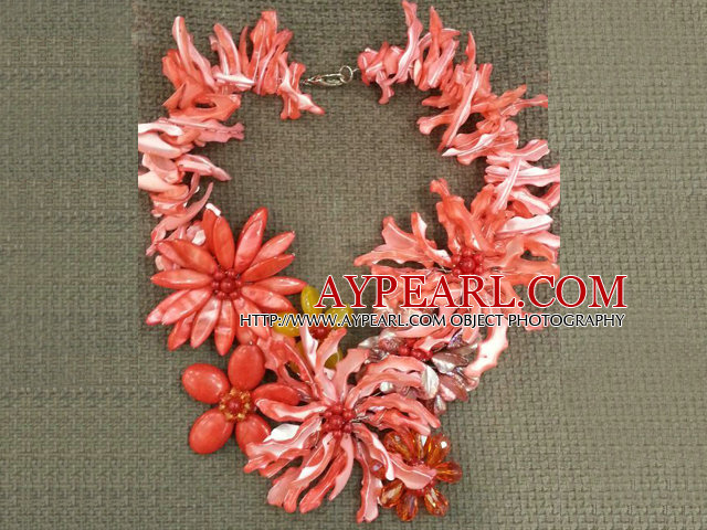 Amazing Beautiful Watermelon Red Shell Flower Statement Party Necklace