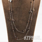 Long style dark brown coin pearl necklace with metal chain