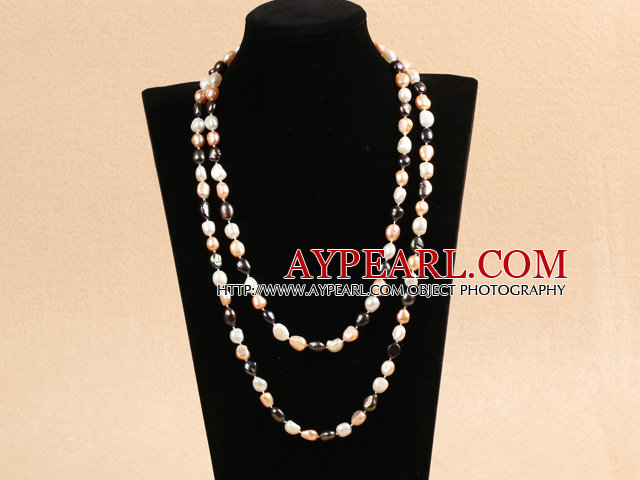 Graceful Long Style Double Strand 8-9mm Natural Multi Color Freshwater Pearl Necklace (Sweater Chain)