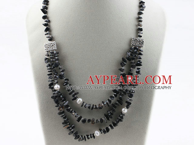 Three layer black agate necklace with lobster clasp