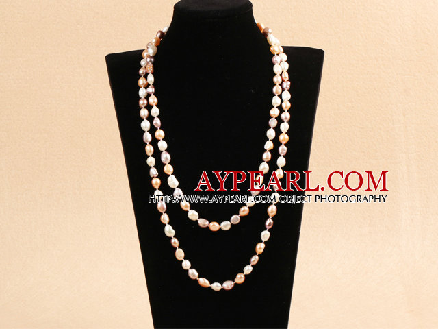 Graceful Long Style Double Strand 8-9mm Natural White & Pink & Purple Freshwater Pearl Necklace (Sweater Chain)