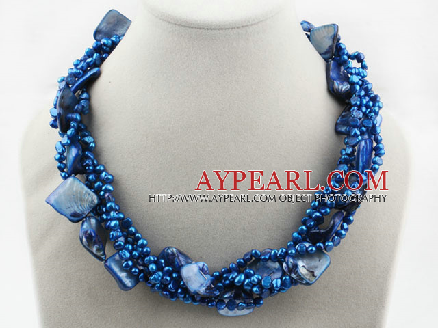Multi Strands Dark Blue Freshwater Pearl and Dark Blue Shell Bubble Necklace