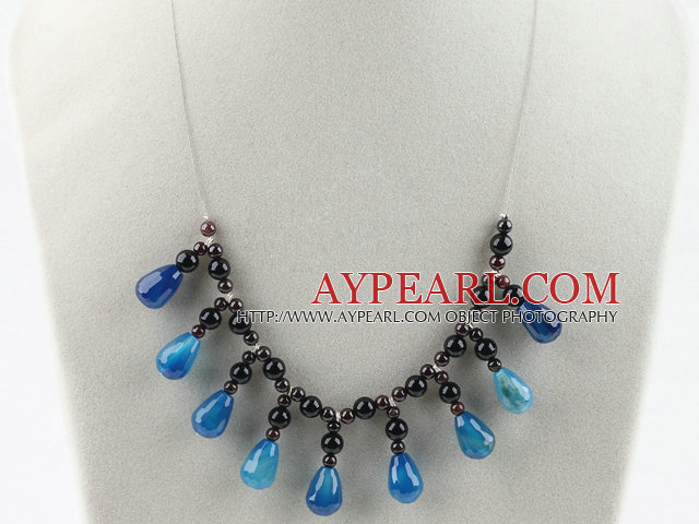 Drop shape blue agate and round garnet necklace with lobster clasp