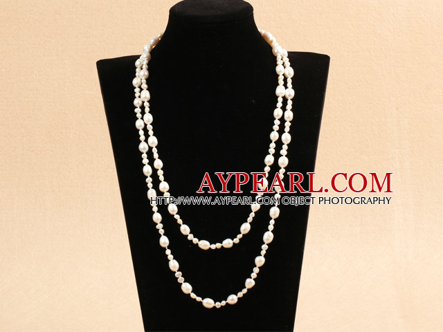 Graceful Long Style Double Strand Natural White Freshwater Pearl Halsband (tröja kedja)