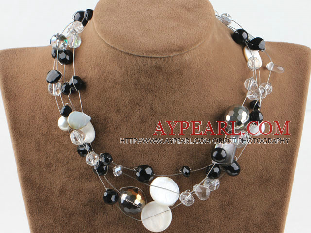 Single strand black and white crystal and shell necklace