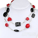 Assorted red coral and black agate necklace with bold metal chain