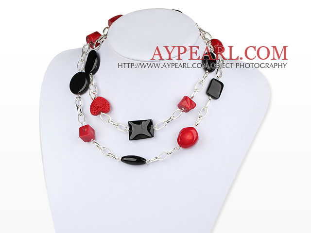 Assorted red coral and black agate necklace with bold metal chain