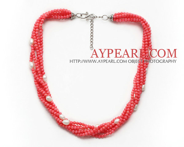 multi strand white pearl coral necklace with extendable chain