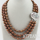 Wholesale three strand brown pearl necklace with beauty clasp